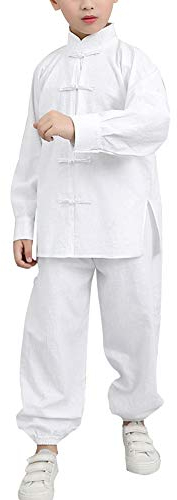 Jungen Und Mädchen Tai Chi Training Stehkragen Volltonfarbe Hemd Hose Zweiteiliger Anzug Weiß 120