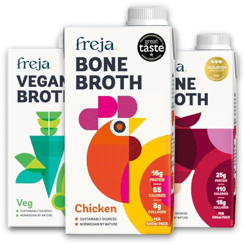 Freja Discovery Bone Broth Pack | Sipping Broth Selection | Beef, Chicken & Vegetable | Premium Liquid Broth | Low Calorie | High Protein & Collagen | Not from Concentrate, Powder or Cubes | 3 x 500ml