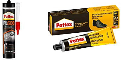 Pattex PL600, adhesivo resistente al agua y a temperaturas extremas, para interiores y exteriores, 1 cartucho x 300 ml + Pattex Cola de contacto universal instantánea multiusos, 125ml