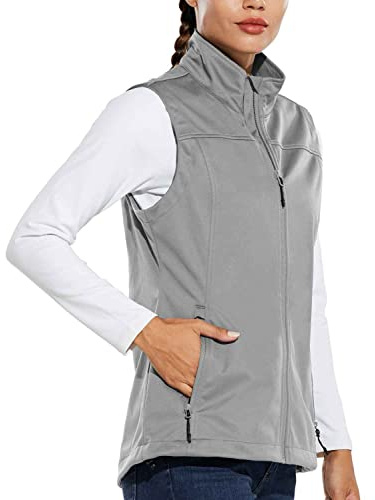 baleaf Women's Lightweight Vest Softshell Sleeveless Jacket Windproof Stand Collar with Zipper Pockets Running Hiking Golf Light Grey XL