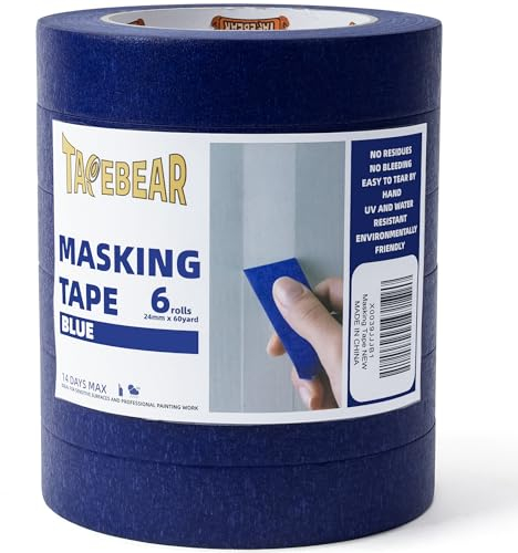 TAPEBEAR UV Beständig Malerkrepp, Blaues Maler Klebebänder Für Malerarbeiten, Saubere Kanten, Keinerlei Rückstände,Abklebeband Blau Malerabdeckband Wasserdicht, 24mm X 60yard, 6Rollen