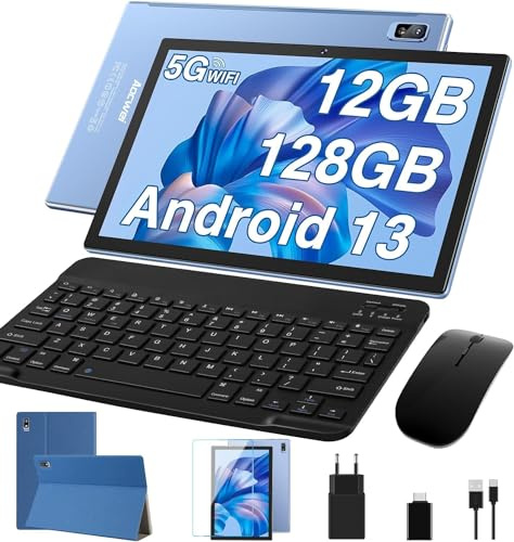 AOCWEI Tablet 10 Zoll X900 Android 13 Tablet Pc,5G + 2.4G WLAN, Octa-Core | 2.0Ghz | 8000mAh | Bluetooth 5.0| 12GB RAM 128GB ROM (512GB TF),Tablet mit Tastatur-Blau