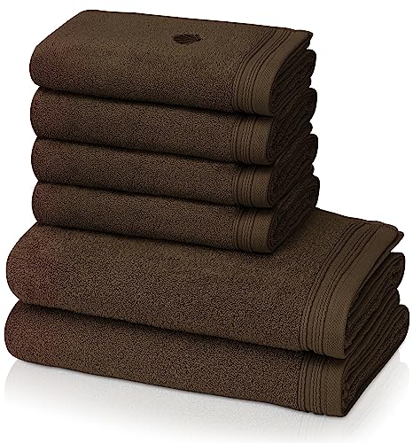 KLASBROOK® Linnea 6 teiliges Luxus Handtücher Set Braun, extra flauschig und saugfähig aus 100% Baumwolle Oeko-TEX 100 Zertifiziert mit Aufhänger, 4 Handtücher 50x100 + 2 Badetücher 70x140