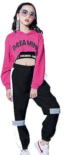 LOLANTA Completi Hip Hop per Bambini in 3 Pezzi, Tuta da Ragazza, Felpa con Cappuccio, Canotta, Pantaloni Jogger, Rosa, 8-9 anni, 140