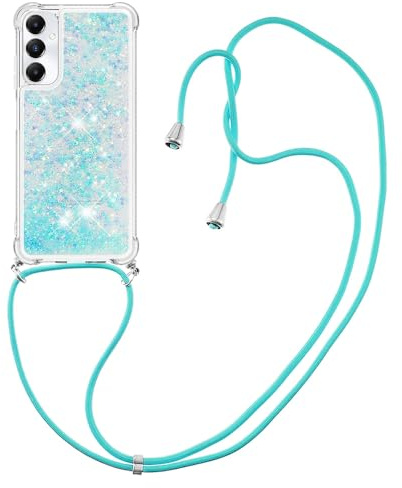 IMIRST Lanyardfodral kompatibelt med Samsung A05s Bling flytande glitter silikonskal stöttåligt Kawaii skydd med sladd halsband fodral för Samsung Galaxy A05s. LP Stjärna Blå