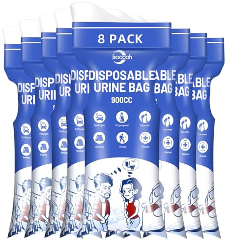 Disposable Urine Bags 900ML 8 Pieces, Emergency Portable Pee Bags for Women Men, Travel Urinal Bag, Unisex Urinal Toilet Bag for Road Trips Camping Hiking Traffic Jams, Emergency Vomit and Urine Bags