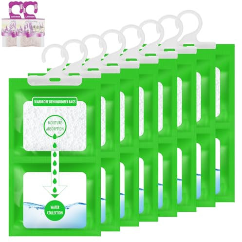 8 Pack Wardrobe Dehumidifier Hanging Bags with 2 Aromatherapy Packets, Hanging Dehumidifiers for Wardrobes, Closet, Kitchen, Bathroom, Car, Dehumidifier Bags to Prevent Mold, Mildew & Odors