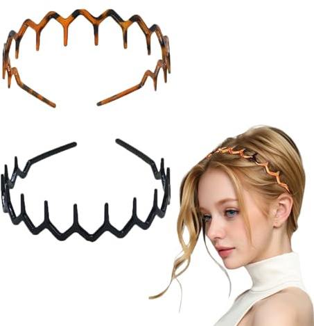 2 Pcs Zig Zag Headband, 90s Zigzag Headbands, Plastic Wavy Hairbands with Shark Teeth Comb Design, Non-Slip Elastic Headbands for Women Men Girls, Unisex Hair Accessories (Black, Brown)