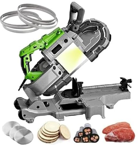 Portable Band Saw - Metal Cutting, 0-45° Adjustable, Built-in LED Light, Includes Multiple Saw Blades and Gloves, Ideal for Copper, Aluminum, Steel, and Floor Materials