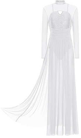 inlzdz Robe De Danse Lyrique pour Femmes Robe Longue Pailletée Manches Longues en Jersey De Ballet Tenue Danse Élégante pour Valse Costume Blanc XL