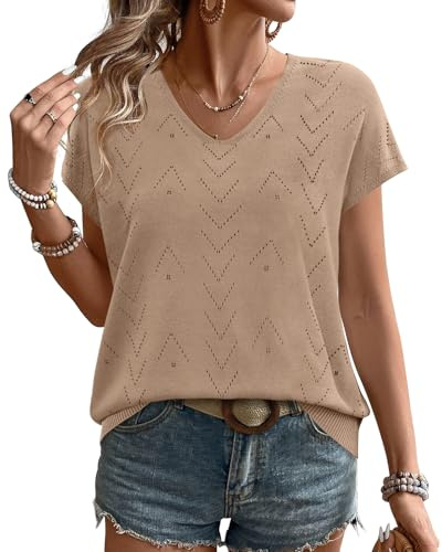 WIHOLL Short Sleeve Jumper for Women V Neck Summer Tops Ladies Lightweight Knittted Shirts Coffee Size 10-12