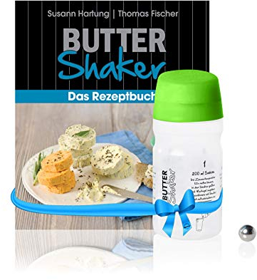 Butter-Shaker & Buch-Set für handgeschüttelte Gourmetbutter mit 325ml-Butter-Shaker (GRÜN) und kreativem Rezeptbuch