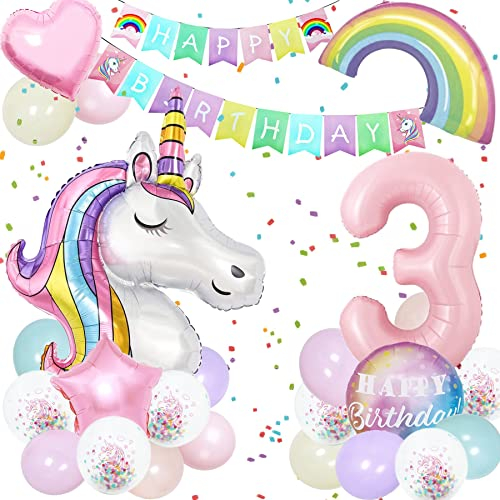Einhorn Geburtstagsdeko,3D Einhorn Luftballon,Riesen Folienballon Macaron 3,Einhorn Folienballon Set mit Happy Birthday Banner,Rainbow Cloud Balloons für Mädchen Geburtstags Festival Dekoration