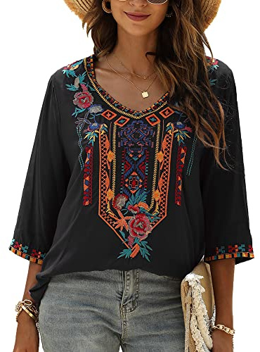 Grosy Hauts brodés bohèmes pour Femmes, vêtements Hippies, Chemisiers paysans mexicains, Chemises Tuniques Traditionnelles bohèmes, Noir-4, X-Large