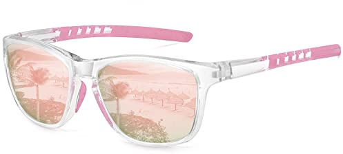 MEETSUN Polarized Sports Sunglasses for Women Men Driving Running Cycling Fishing Sun Glasses UV400 Protection Transparent Frame-Pink Mirror Lens