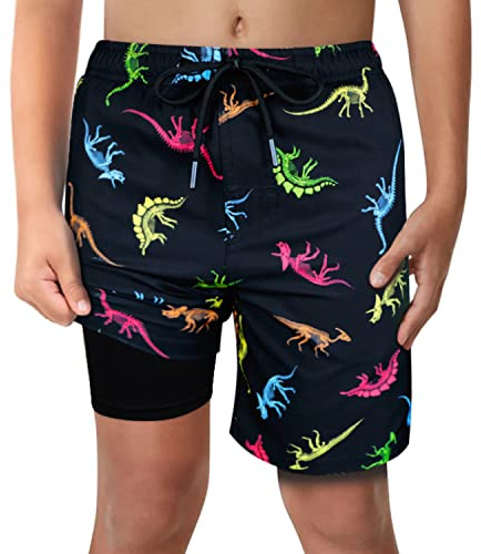 LUCOWEE Boys Dinosaur Fossils Swim Trunks with Boxer Brief Liner Anti Chafe No Mesh Swimming Shorts Compression Lined 4-Way Stretchy UPF Quick Dry Bathing Suit Size 18-20