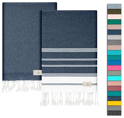 NOUR Hamamtuch Strandtuch | 2er Pack | groß 100x200 cm | aus 100% Baumwolle | Picknickdecke | Saunatuch | Extra leicht | saugstark | schnelltrocknend | Sandfrei (Blaue Jeans)