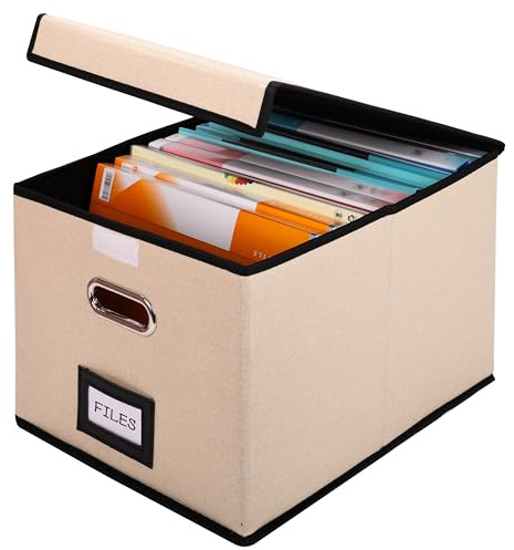 BELLE VOUS Boite de Rangement de Dossiers A4 - Couvercle et Etiquette - 31 x 37 x 25cm Boîte Tissu Pliable - Boîte à Documents Decorative pour Papier Administratif - Trieur Document - Maison Bureau