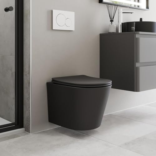 Affine® Terre Modern Bathroom Cloakroom Wall Hung Rimless Toilet Space Saving Small WC Toilets Soft Close Top Fix Seat D Shape Pan Ceramic, Matt Black