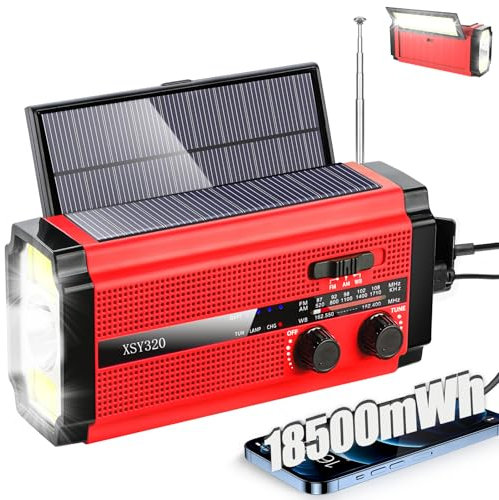 QAUYYW Radio AM/FM d'urgence à manivelle avec 2 panneaux solaires, radio portable, 5 modes de charge, sirène SOS, 3 modes, lampe de poche, chargeur de téléphone portable, lampe de lecture (rouge)