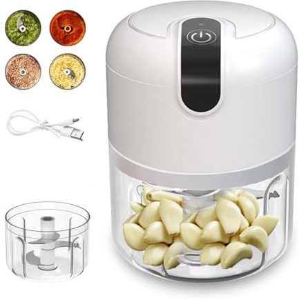 SUNJULY Hachoir À Ail Électrique, Coupe-Oignon Multi-Hachoir 250ml Presse-Ail Électrique, Coupe-Légumes Rechargeable Par Usb Pour Légumes, Fruits, Ail, Viande, Piment, Gingembre