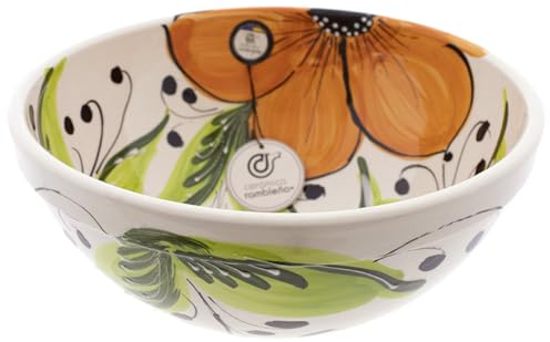 CERÁMICA RAMBLEÑA | Ensaladera cerámica | Ensaladeras originales | Ensaladera cocina decorado Flor Naranja - Modelo 28 | 100% Decoración a mano | 27x27x12 cm