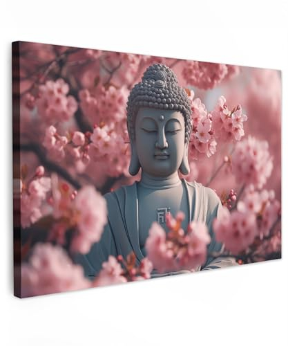 MuchoWow© Bilder Groß 120x80 cm XXL Wohnzimmer Deko Modern Wandbild Kunstdruck auf Leinwand Bild Schlafzimmer über Bett Room Decor Geschenke Buddha - Statue - Sakura - Kirschblüte