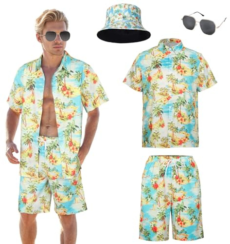 Marypaty Camisa Hawaiana Hombre Camisa de Playa Camisas Causal de Verano para Hombre Pantalones Cortos Conjunto Sombrero Gafas de para El Sol