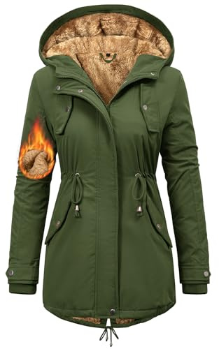 Nadeer Parka Donna Invernale Cappotti Caldo Giacca con Cappuccio Media Lugghezza Hoodies Impermeabile Cappotto Imbottito Giubbotto con Tasche(Verde militare,M)