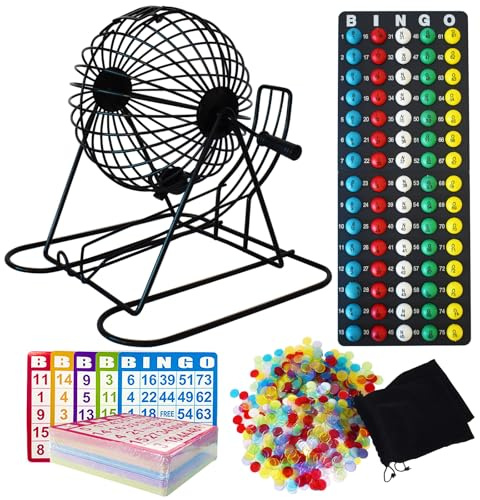 Yuanhe Jumbo Bingo Game Set - 11 Metal Round Cage, 75 Colored Balls, 100 Bingo Cards, 500 Mixed Chips and Master Board for Large Groups, Parties