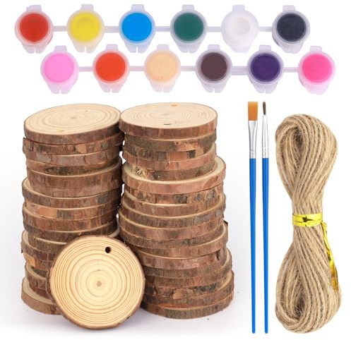36pcs Natural Wood Slices 5-6cm, Unfinished Predrilled Log Discs with Hemp Rope - 12 Acrylic Paints & Brushes Included for DIY Crafts, Christmas Decorations, Wooden Ornaments (Round Wooden Circles)