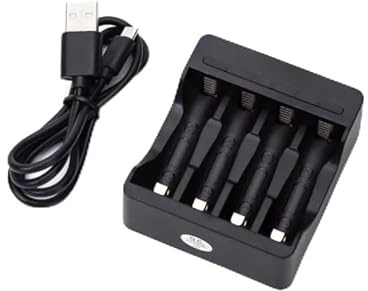 Snabb svart laddare för 4 AA/AAA-batterier. Effektiv laddning för att hålla dina enheter alltid redo, perfekt för hem och kontor.