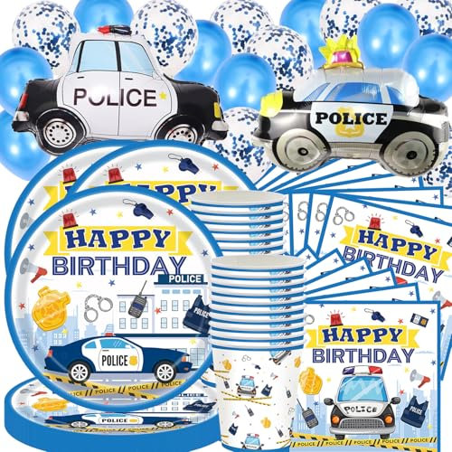 Set di stoviglie per feste di compleanno della polizia, 77 pezzi, accessori per la decorazione di compleanno per bambini, decorazioni per feste di polizia, per 20 persone, piatti, tazze per auto
