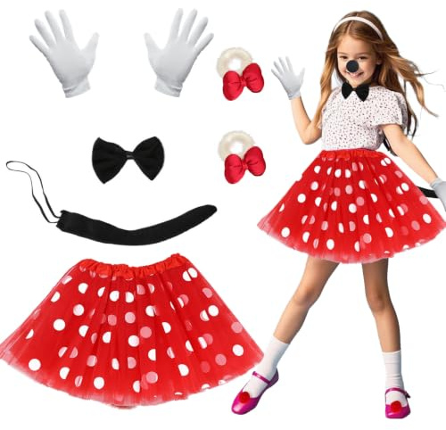 Xerteam Costume de souris pour enfant - 7 pièces - Tutu rouge rose + oreilles de souris + nez + nœud papillon + queue + gants + élastiques à cheveux - Costume pour fille - Costume de carnaval