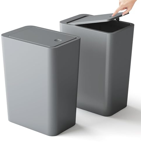 Kongming Pattumiera da bagno con pressa, 2 pezzi, sottile, per cucina, bagno, bagno, ufficio, soggiorno, camera da letto, WC (grigio)