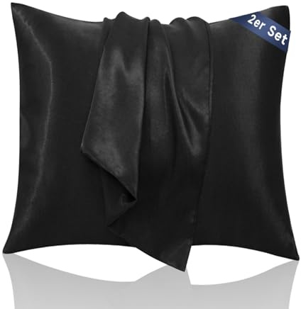 Taie Oreiller 65x65 Satin - Similaire aux Taie d Oreiller en Soie Lot de 2, Prend Soin de Votre Peau et de Vos Cheveux, Housse Coussin Satin Protege Oreiller (Noir, 65x65cm)