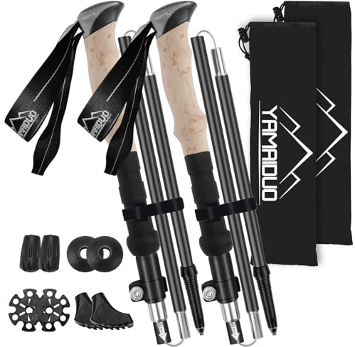 YAMAIDUO 2 Pcs Bastones de Senderismo Plegables Nórdicos, Bastones Trekking de Aluminio 7075 Antichoque 105-125 CM con 4 Pares de Topes de Goma, Palos Senderismo para Senderismo Alpinismo Trail Viaje