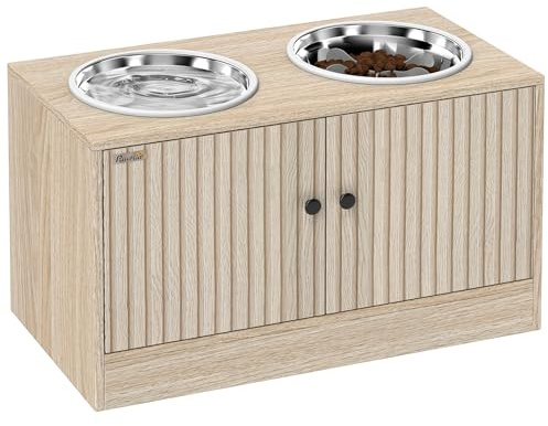 PawHut Portaciotole per Cani di Taglia Grande con 2 Ciotole da 2L in Acciaio Inox e Spazio Contenitore Inferiore, Porta Ciotole per Cani in Truciolato, 60x30x35.5 cm, color Rovere