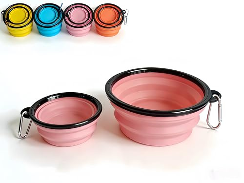 RQzaufania Cuencos plegables Ddog con mosquetones para una fácil portabilidad; borde moldeado de una sola pieza evita el colapso. Paquete de 2 cuencos de viaje para comida y agua para perros y gatos