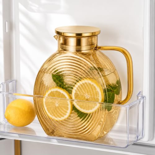 Nasxkji vattenkaraff 2,5 l glas med lock champagne guld | 2,5 l glaskaraff i champagneguld, borosilikatglas, lock i rostfritt stål, V-pip, platt kropp för kylskåpsdörr