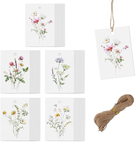 Tyqour 50 PCS Floral Blank Gift Tags with String 10m Flower Paper Gift Tags | 3x2in Watercolor White Flower Paper Hang Tags for Wedding Bridal Shower DIY Gift Crafts Presents Birthday Holiday Party Decor