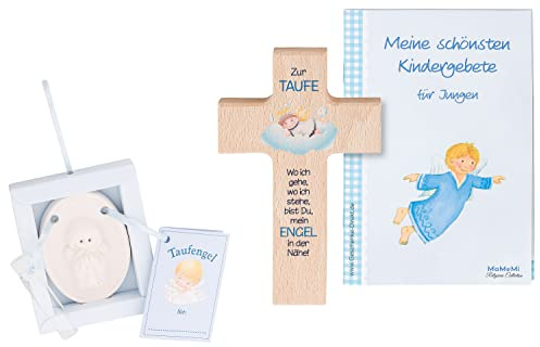 MaMeMi Coffret cadeau de baptême pour garçon - Avec croix en bois de 15 x 9 cm, livre de prière et ange gardien - Coffret cadeau de baptême bleu - Cadeau religieux de baptême de baptême
