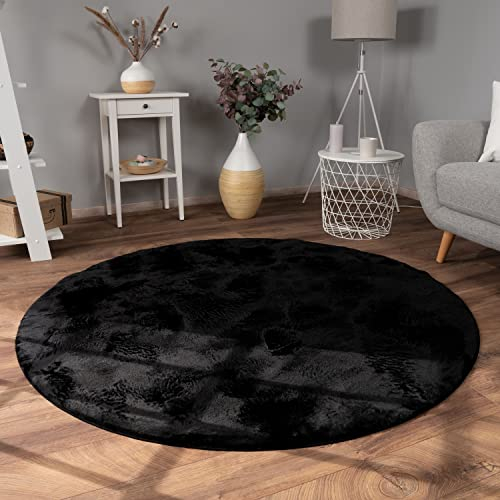 Paco Home Teppich Wohnzimmer Kunstfell weich waschbar modern elegant pflegeleicht Felloptik Uni Seidenglanz flauschig Kurzflor, Grösse:80 cm Rund, Farbe:Schwarz