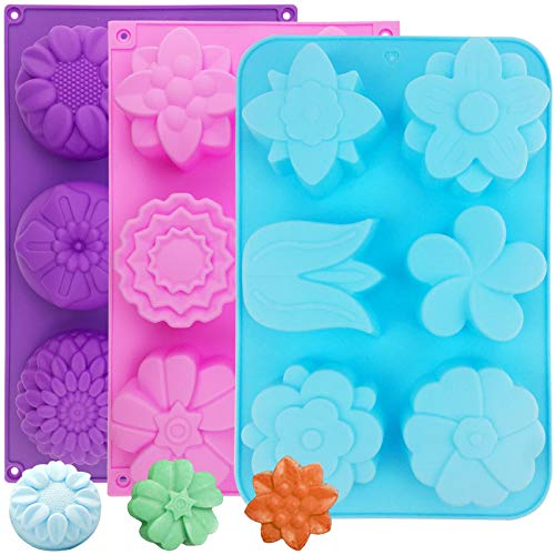 NANASO 3 Packs Silikon Seifenform, 6-Kavität Schalen für hausgemachte Kuchen Schokolade Cupcake Form, Silikon Blume Form Seife Formen Fondant Form Dekorieren Eiswürfel - lila blau rosa