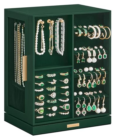 SONGMICS Jewelry Box 360° Rotating, Jewelry Storage Case with 5 Drawers, Jewelry Organizer, Glass Window, Spacious, Vertical Jewelry Storage, Open Design, Great Gift, Forest Green UJBC170C01