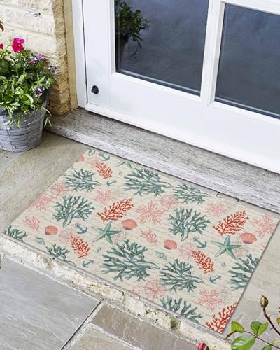 Eingangsmatte 40X60Cm Gebänderte Retro Sommer Ocean Koralle Seestern Muscheln Beige Türmatte Antibakterielle Badvorleger Waschbar Fussmatte Für Schlafzimmer Innen Badezimmer