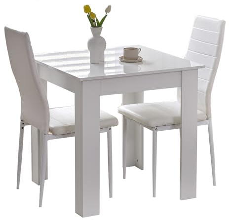 Rainbow Tree Modern 3 Piece Dining Room Table and Chairs Set, Wooden Square Table with 2 Chairs for Small Space Apartment Space Saving (White Table+2 White PU Chair)