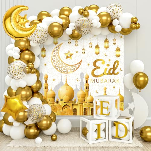 Gold und Weiß Eid Mubarak Ballons Set, Eid Mubarak Dekoration für Heim - 96 Stück Weiß Gold Dekorationen mit Hintergrund Banner und Eid Ballonbox, Ramadan Dekorations Feier