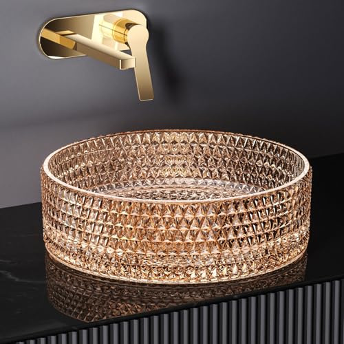 EMKE Lavabo rond en verre, transparent, or rose, 36 x 36 x 11,2 cm, pour salle de bain et WC d'invités, sans trou de robinetterie