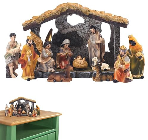 Niesel Juego de 12 belenes de pueblo de Navidad, juego de belén con figuras, juego de establo de belén de Navidad, decoraciones creativas de estatua de nacimiento de Jesús, escenas de mesa de belén